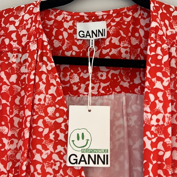 NWT GANNI Balloon-sleeve Floral-print Crepe Midi Dress - Picture 8 of 10